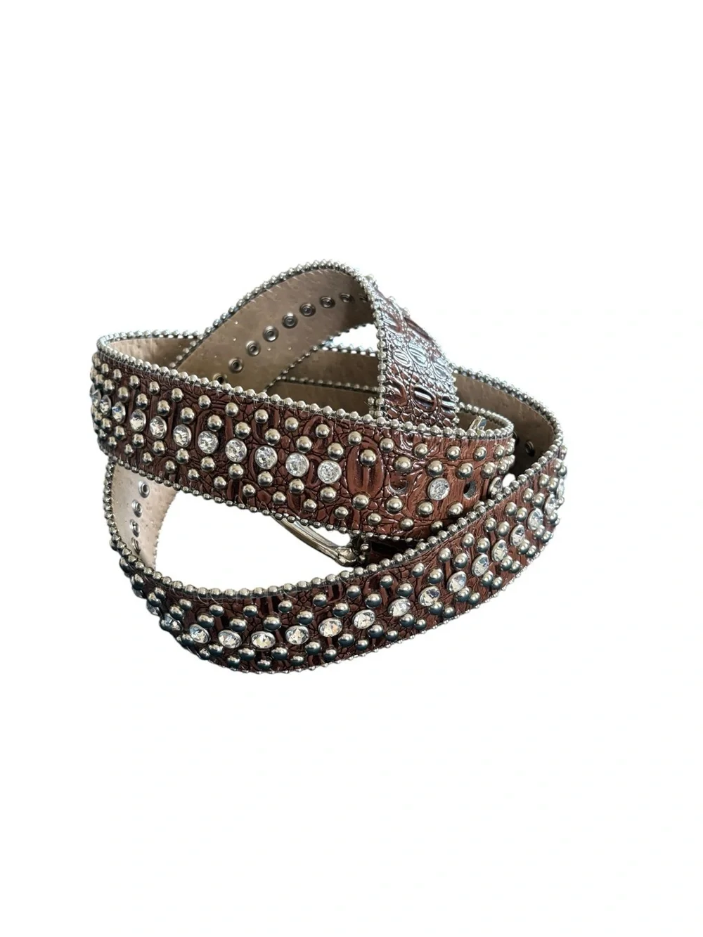 VTG Guess Faux Leather Rhinestone Metal Studded Western Belt Sz L Brown Buckle